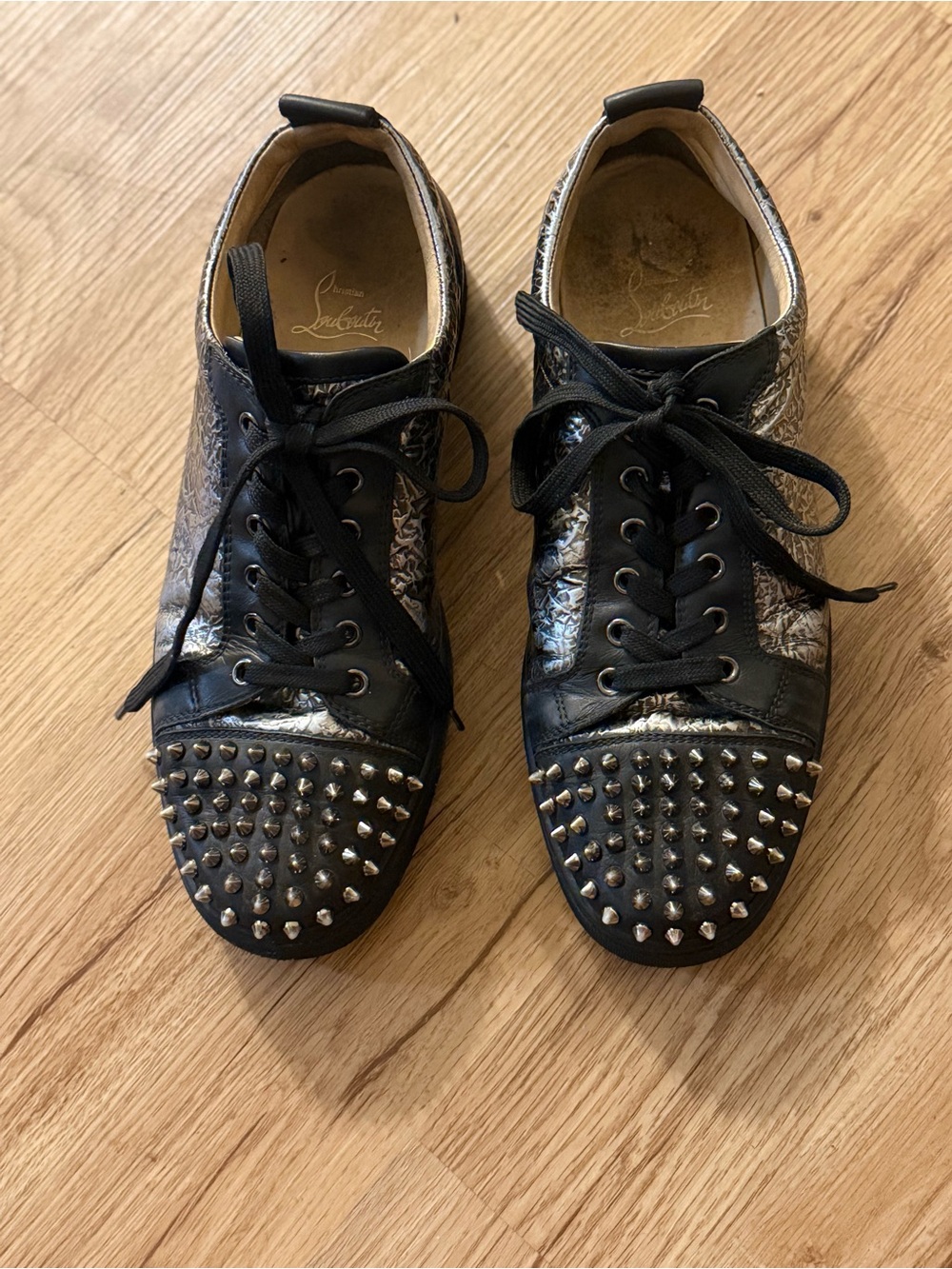 Christian Louboutin Black Leather Studded Low-Top Sneakers with Silver Accents